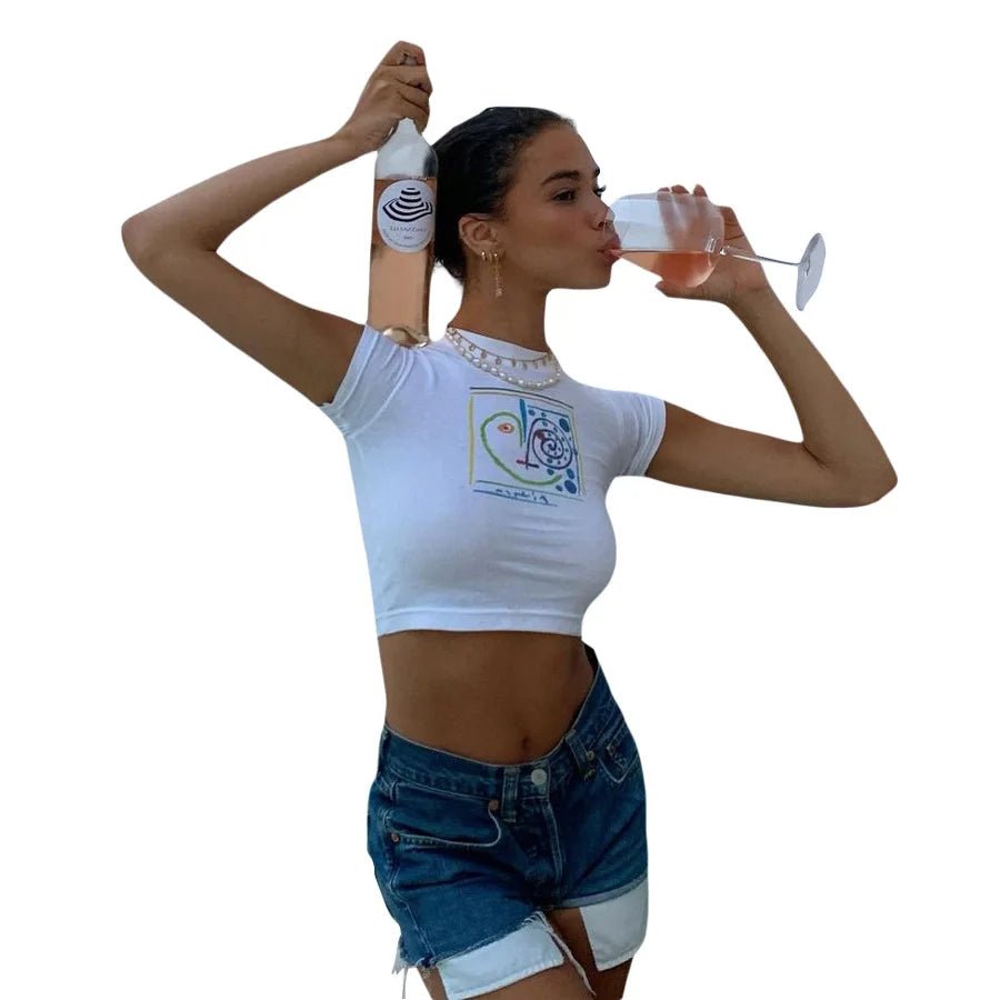 best Y2K Streetwear Graphic Short Sleeve White T-shirts 2000s Vintage Printing O-neck Baby Tees Cute Summer Crop Top Fashion shop online at M2K Trends for