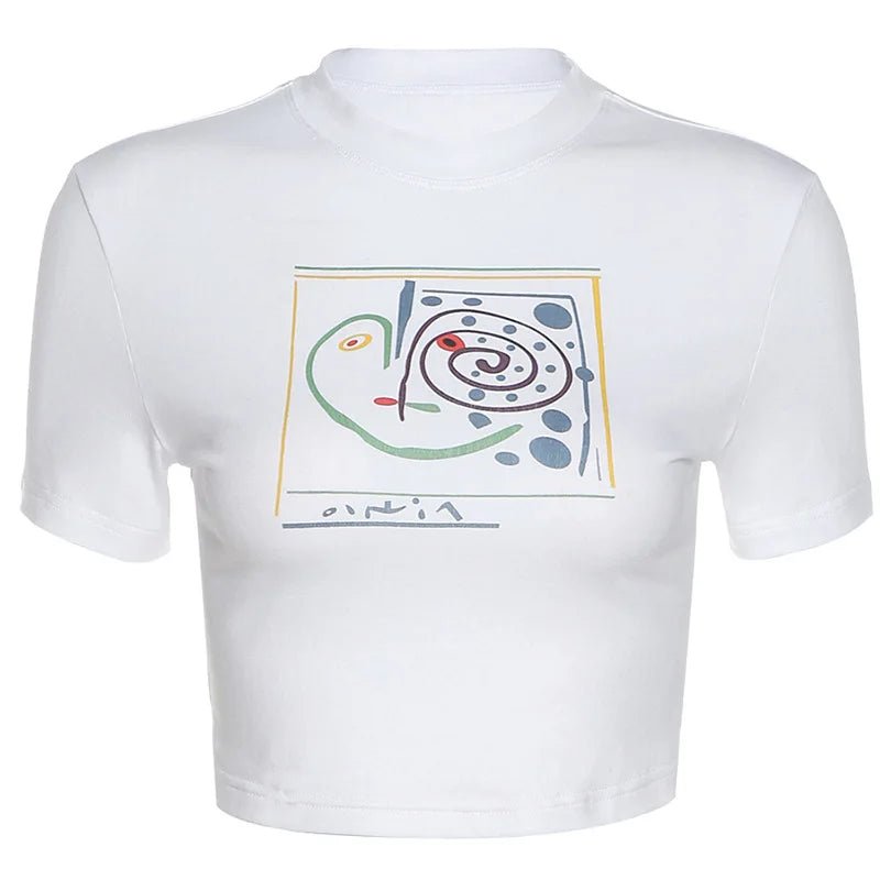 best Y2K Streetwear Graphic Short Sleeve White T-shirts 2000s Vintage Printing O-neck Baby Tees Cute Summer Crop Top Fashion shop online at M2K Trends for