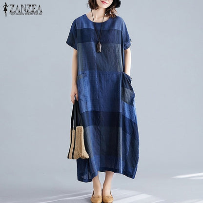 best ZANZEA Fashion Womens Check Sundress Summer Dress Short Sleeve Maxi Vestidos Female Casual Dress O Neck Plaid Robe 0 shop online at M2K Trends for