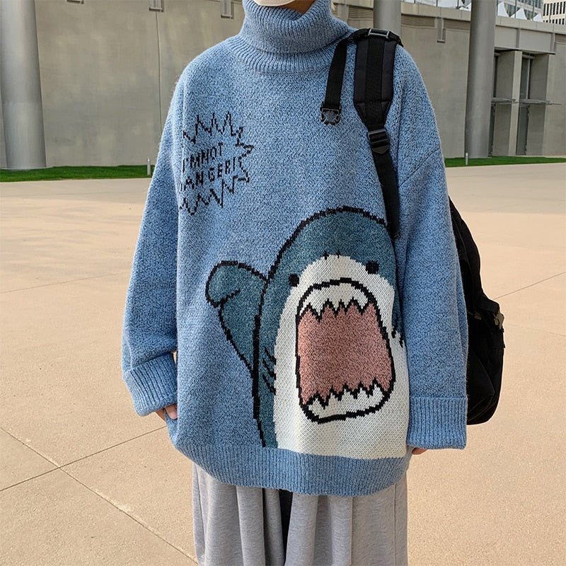 best ZAZOMDE Men Turtlenecks Shark Sweater Men 2023 Winter Patchwor Harajuku Korean Style High Neck Oversized Grey Turtleneck For Men 0 shop online at M2K Trends for
