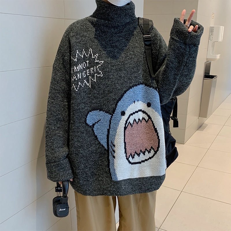 best ZAZOMDE Men Turtlenecks Shark Sweater Men 2023 Winter Patchwor Harajuku Korean Style High Neck Oversized Grey Turtleneck For Men 0 shop online at M2K Trends for