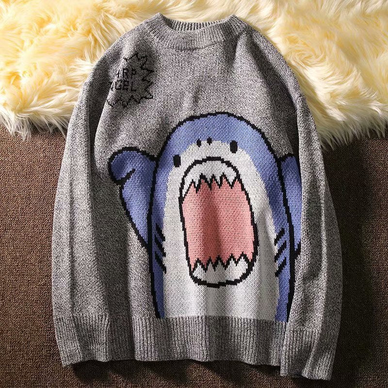 best ZAZOMDE Men Turtlenecks Shark Sweater Men 2023 Winter Patchwor Harajuku Korean Style High Neck Oversized Grey Turtleneck For Men 0 shop online at M2K Trends for
