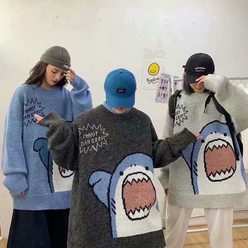 best ZAZOMDE Men Turtlenecks Shark Sweater Men 2023 Winter Patchwor Harajuku Korean Style High Neck Oversized Grey Turtleneck For Men 0 shop online at M2K Trends for