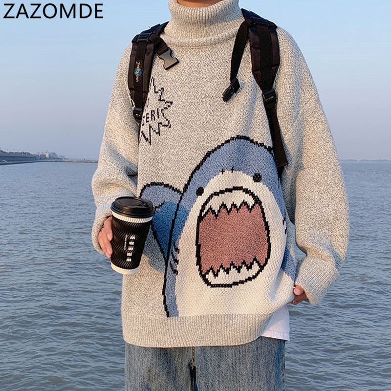 best ZAZOMDE Men Turtlenecks Shark Sweater Men 2023 Winter Patchwor Harajuku Korean Style High Neck Oversized Grey Turtleneck For Men 0 shop online at M2K Trends for