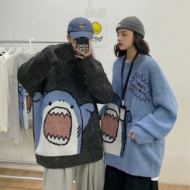 best ZAZOMDE Men Turtlenecks Shark Sweater Men 2023 Winter Patchwor Harajuku Korean Style High Neck Oversized Grey Turtleneck For Men 0 shop online at M2K Trends for