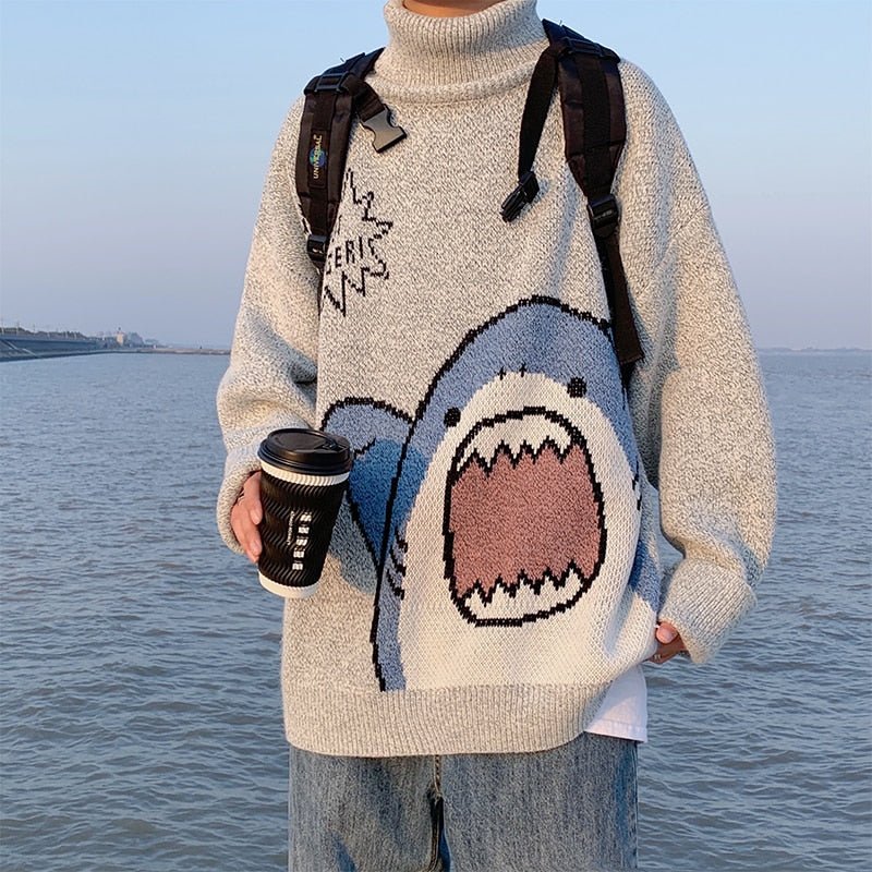 best ZAZOMDE Men Turtlenecks Shark Sweater Men 2023 Winter Patchwor Harajuku Korean Style High Neck Oversized Grey Turtleneck For Men 0 shop online at M2K Trends for