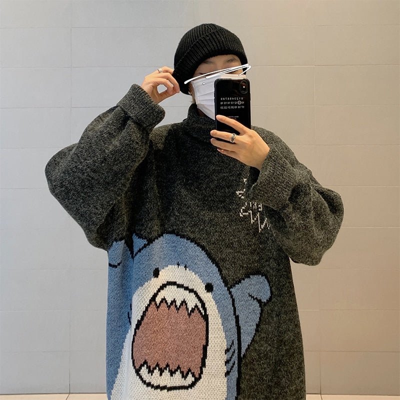 best ZAZOMDE Men Turtlenecks Shark Sweater Men 2023 Winter Patchwor Harajuku Korean Style High Neck Oversized Grey Turtleneck For Men 0 shop online at M2K Trends for