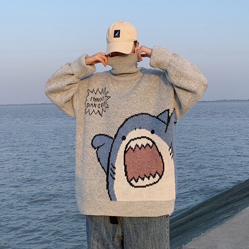 best ZAZOMDE Men Turtlenecks Shark Sweater Men 2023 Winter Patchwor Harajuku Korean Style High Neck Oversized Grey Turtleneck For Men 0 shop online at M2K Trends for