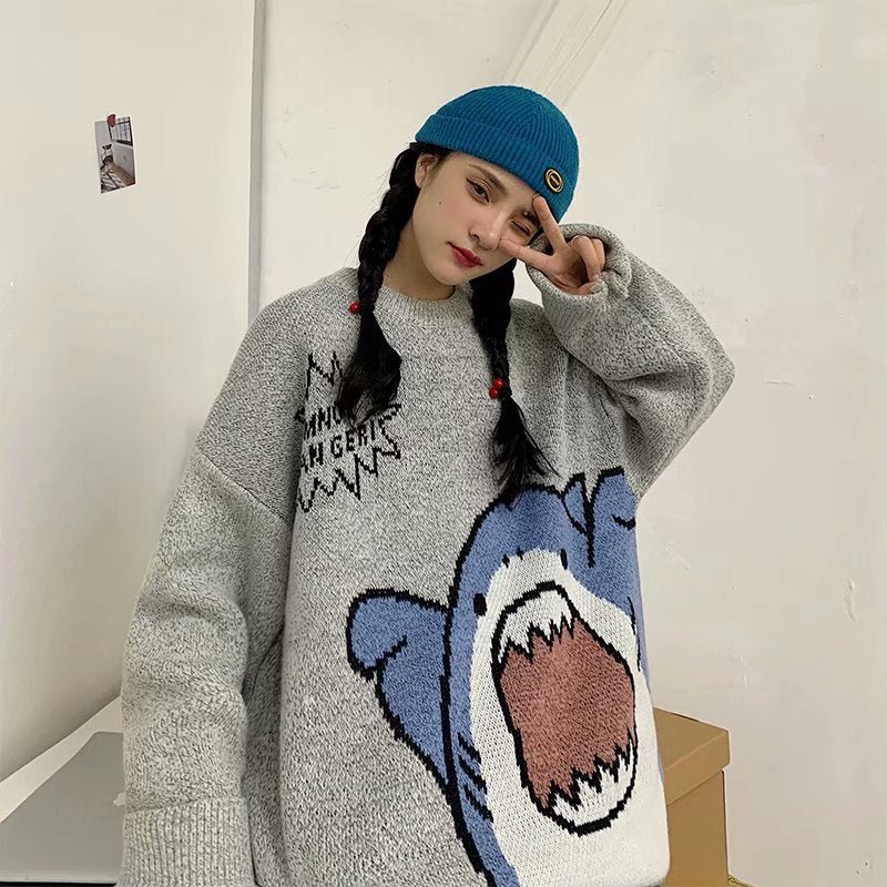 best ZAZOMDE Men Turtlenecks Shark Sweater Men 2023 Winter Patchwor Harajuku Korean Style High Neck Oversized Grey Turtleneck For Men 0 shop online at M2K Trends for