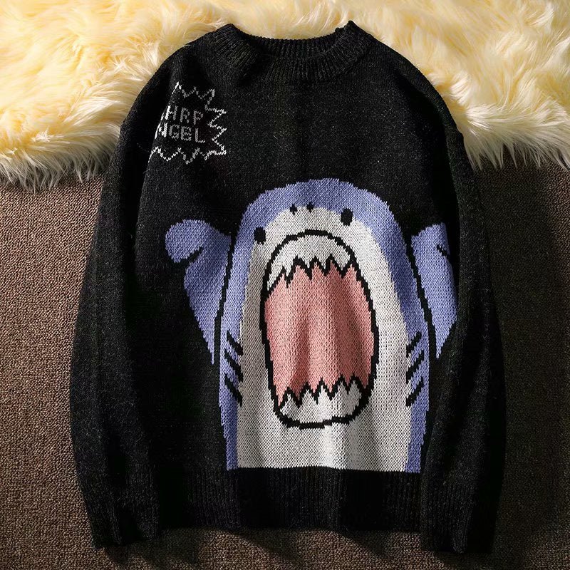 best ZAZOMDE Men Turtlenecks Shark Sweater Men 2023 Winter Patchwor Harajuku Korean Style High Neck Oversized Grey Turtleneck For Men 0 shop online at M2K Trends for