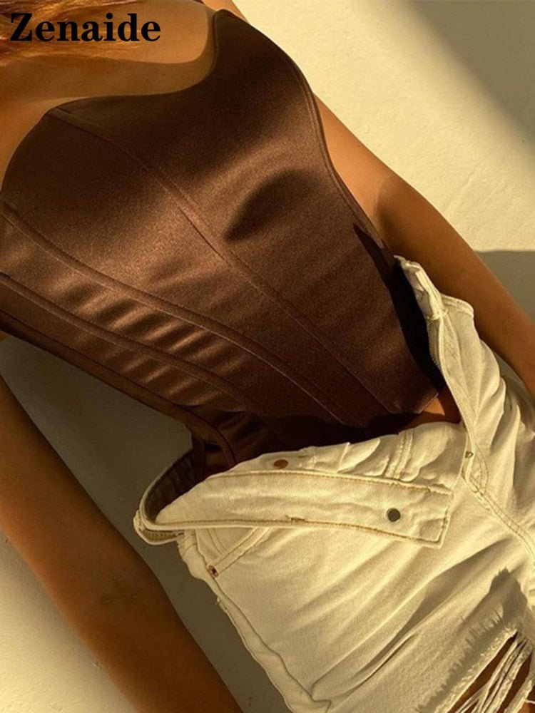 best Zenaide Satin Corset Tops Strapless Summer Clothing Panel Shape Bare Shoulder Party Sexy Crop Women Tube Tops 0 shop online at M2K Trends for