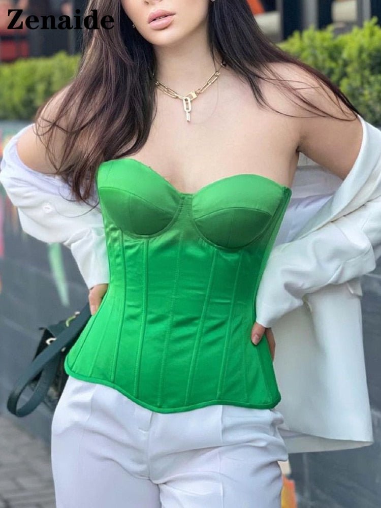best Zenaide Satin Corset Tops Strapless Summer Clothing Panel Shape Bare Shoulder Party Sexy Crop Women Tube Tops 0 shop online at M2K Trends for