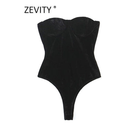 best Zevity New Women Sexy Off Shoulder Black Velvet Slim Bodysuits Ladies Strapless Summer Beach Wear Playsuits Mujer Rompers LS2872 0 shop online at M2K Trends for