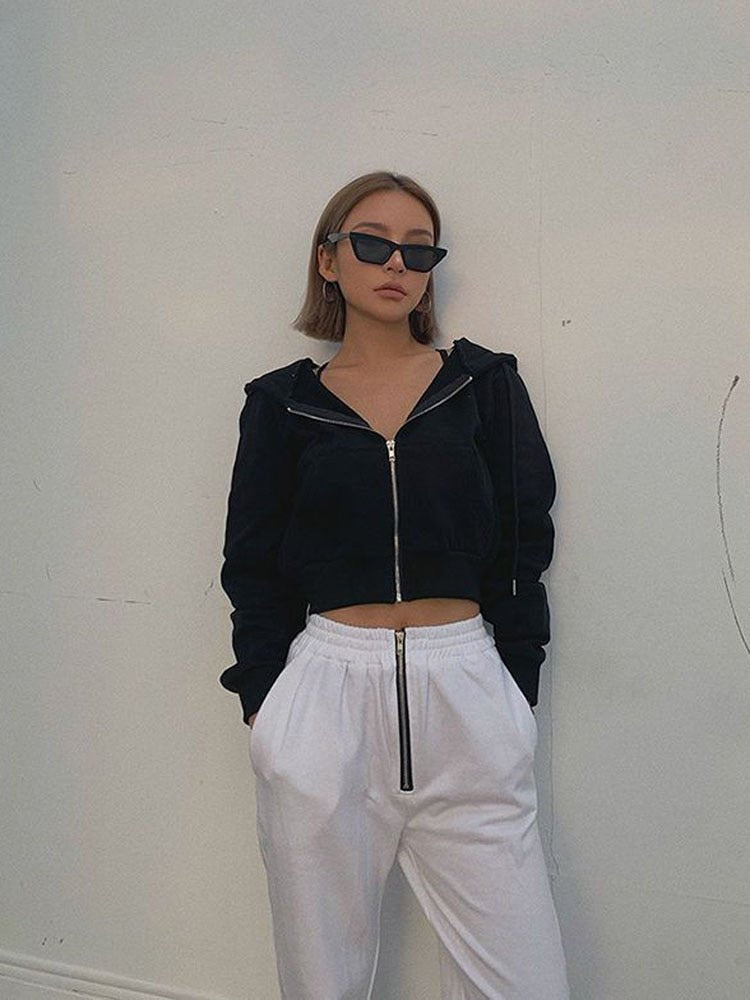 best Zoki Streetwear Women Sexy Cropped Y2K Hoodies Vintage Solid Short Sweatshirt Spring Female Long Sleeve Korean Zip-Up Tops New 0 shop online at M2K Trends for