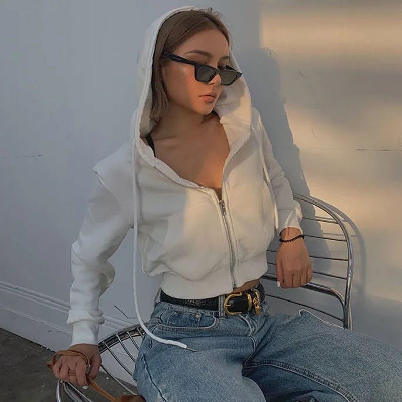 best Zoki Streetwear Women Sexy Cropped Y2K Hoodies Vintage Solid Short Sweatshirt Spring Female Long Sleeve Korean Zip-Up Tops New 0 shop online at M2K Trends for