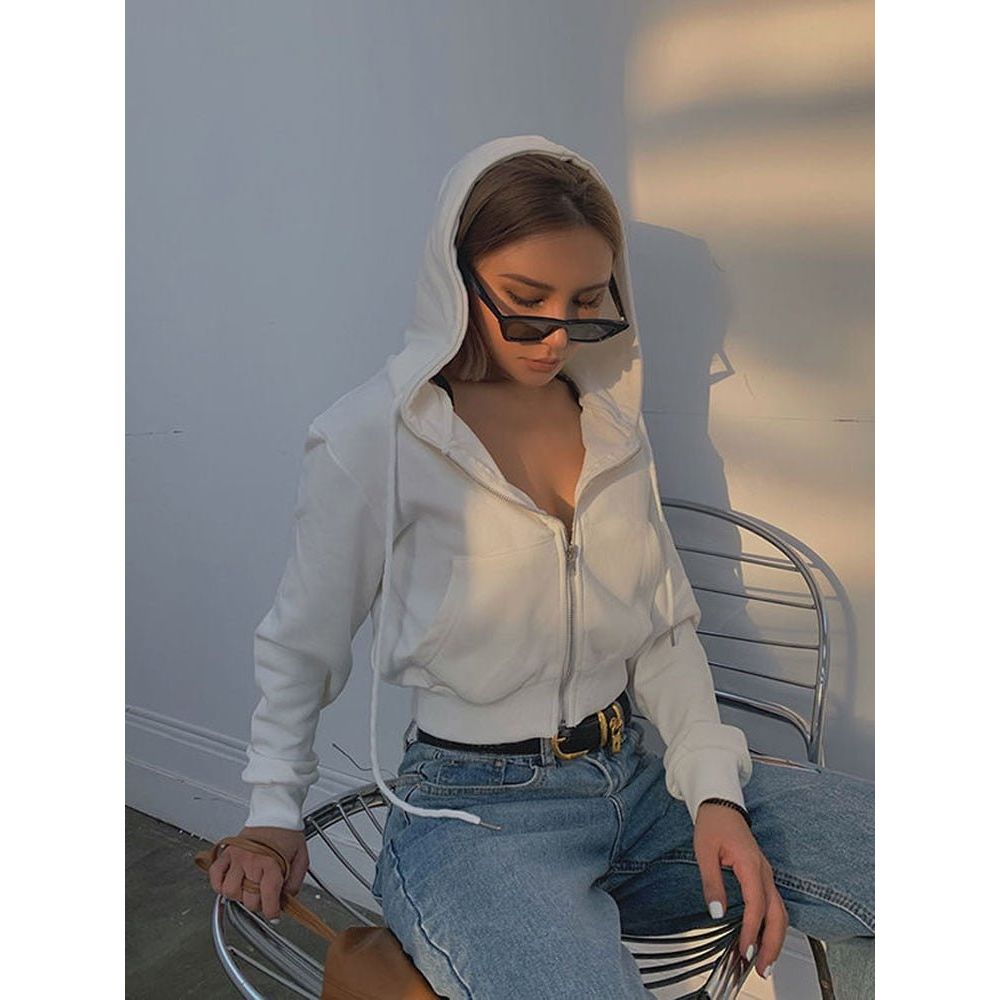 best Zoki Streetwear Women Sexy Cropped Y2K Hoodies Vintage Solid Short Sweatshirt Spring Female Long Sleeve Korean Zip-Up Tops New 0 shop online at M2K Trends for