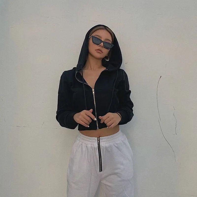 best Zoki Streetwear Women Sexy Cropped Y2K Hoodies Vintage Solid Short Sweatshirt Spring Female Long Sleeve Korean Zip-Up Tops New 0 shop online at M2K Trends for