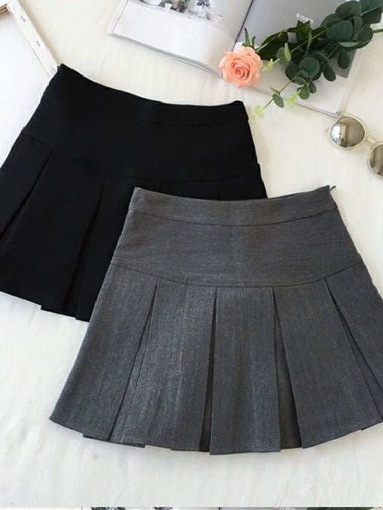 best ZOKI Vintage Gray Pleated Skirt Women Kawaii High Waist Mini Skirts Korean Fashion School Uniform Harajuku Streetwear Spring 0 shop online at M2K Trends for